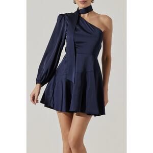 ASTR the Label Satin Scarf One Shoulder Midnight Navy Mini Dress Size Large